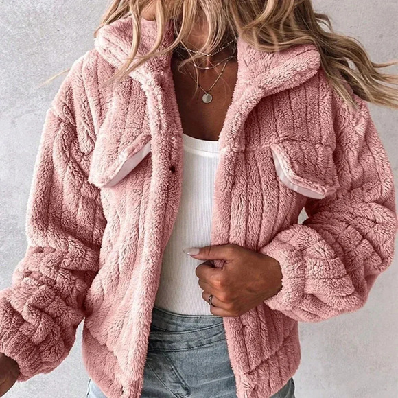 Jackets & Blazers - Pink Casual Women's Fashion Stand Collar Fuzzy Jacket Coat